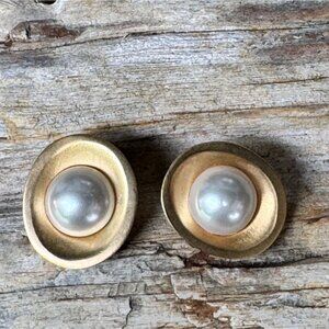 Gold-Tone Earrings With Faux Pearl Centers By MMA 1993 Vintage Jewelry